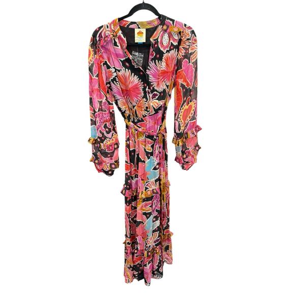 Farm Rio x Anthropologie Pink Tropical Floral Maxi Dress Long Sleeve XS - Picture 4 of 10